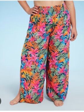 Shade & Shore Floral Cover Up Wide Leg Pants in Teal, Pink & Orange. W Medium